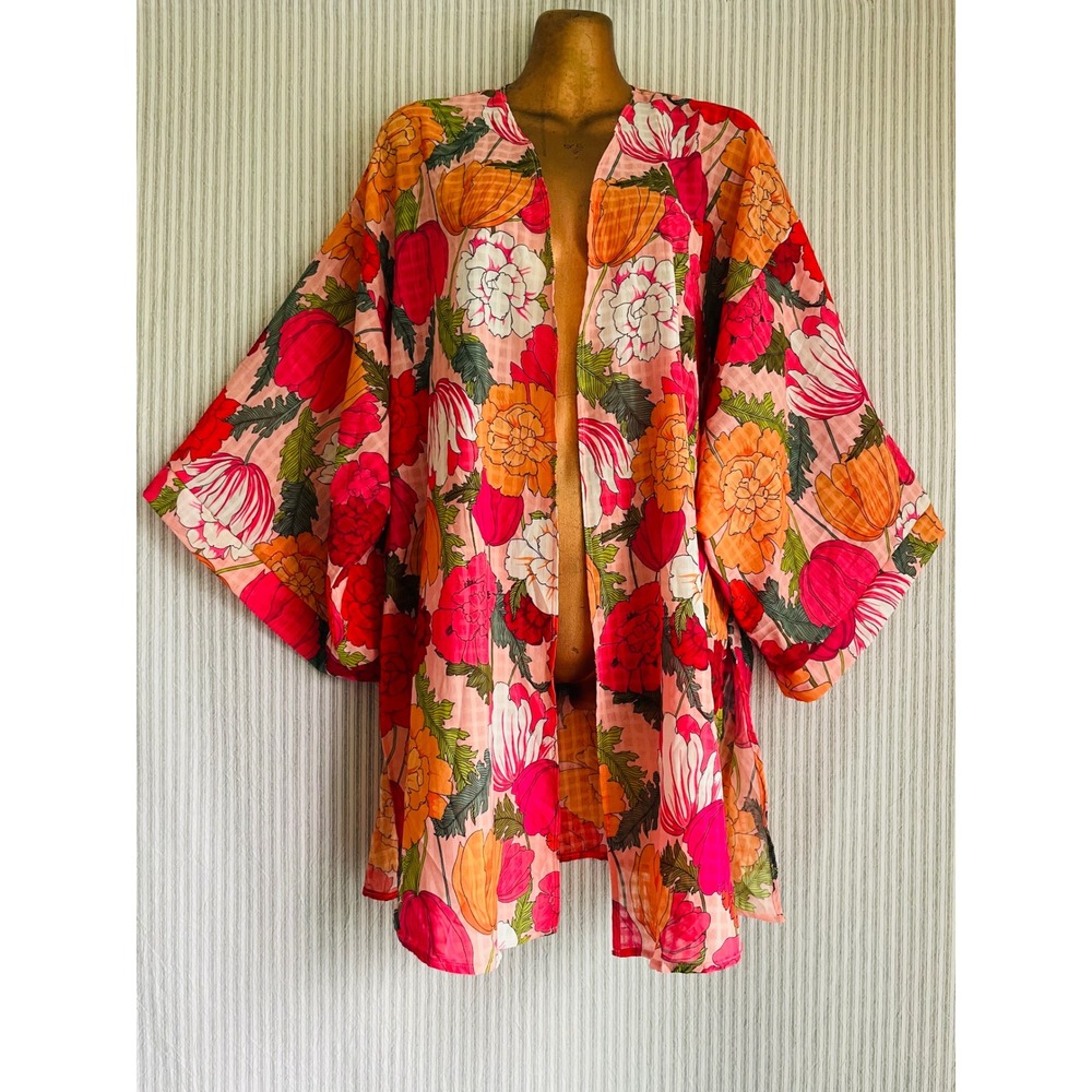 Trina Turk Pink Orange Floral Kimono Cardigan Cover Up Women's Size S/M Resort